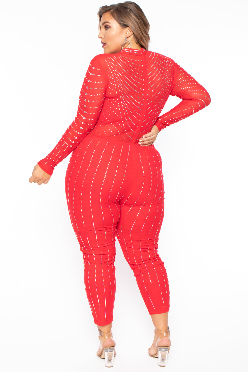 J OUR Jumpsuits and Rompers Plus Size 14K Sheer Mesh Rhinestone Jumpsuit - Red