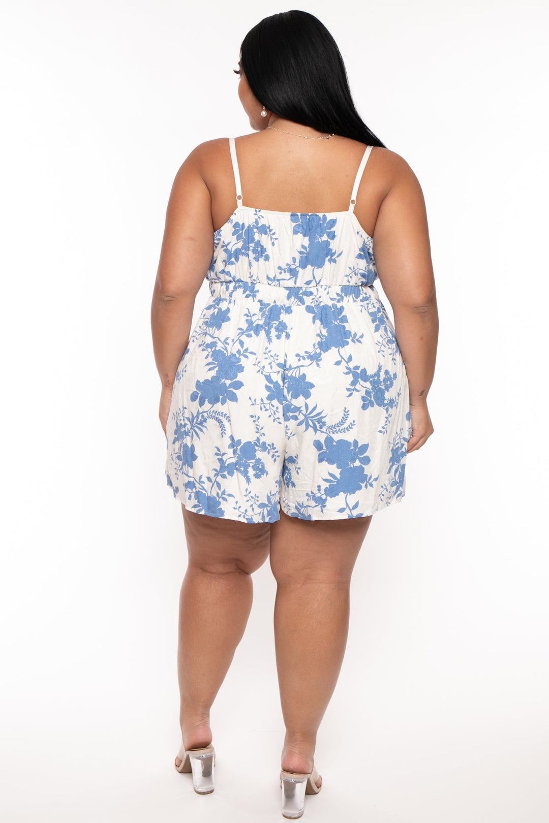 Curvy Sense Jumpsuits and Rompers Plus Size Abigail  Floral Romper- Blue