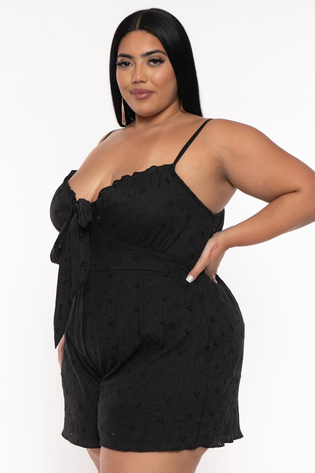 Curvy Sense Jumpsuits and Rompers Plus Size Abigail  Tie Front Romper- Black