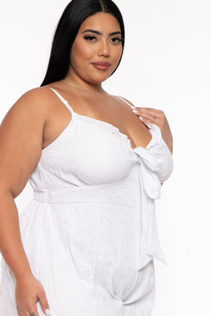 Curvy Sense Jumpsuits and Rompers Plus Size Abigail  Tie Front Romper- White