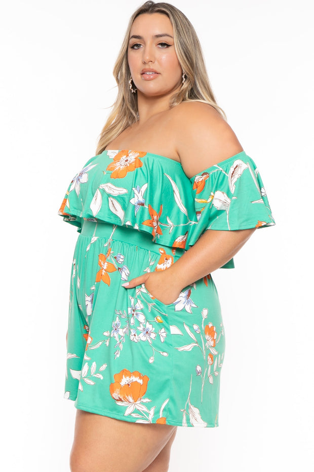 Curvy Sense Jumpsuits and Rompers Plus Size Afina Floral Romper - Green