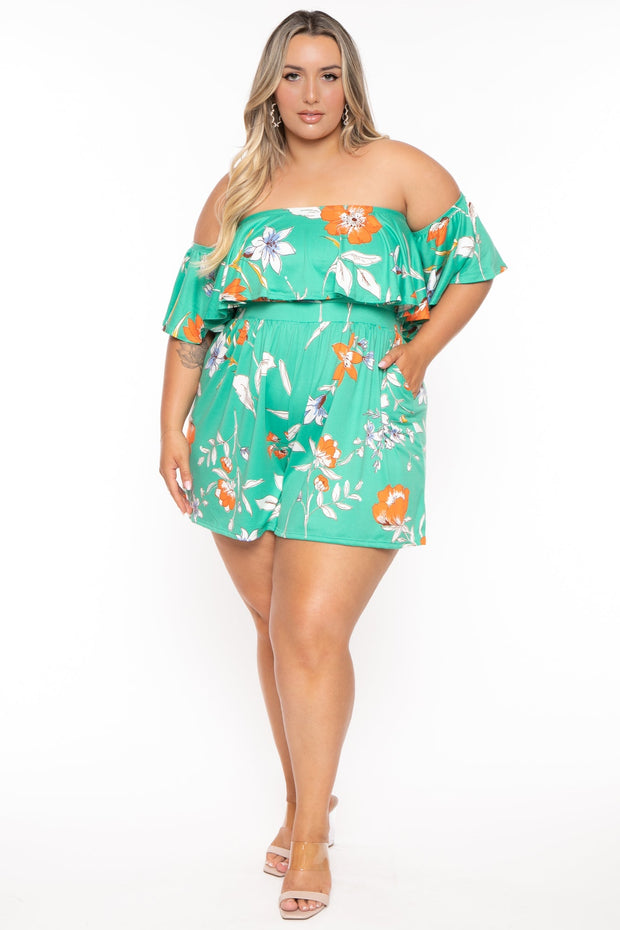 Curvy Sense Jumpsuits and Rompers 1X / Green Plus Size Afina Floral Romper - Green