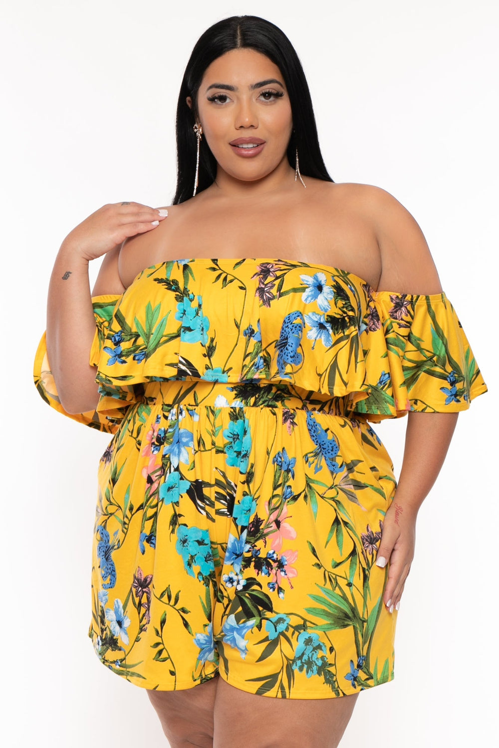 Curvy Sense Jumpsuits and Rompers Plus Size Afina Floral Romper - Yellow