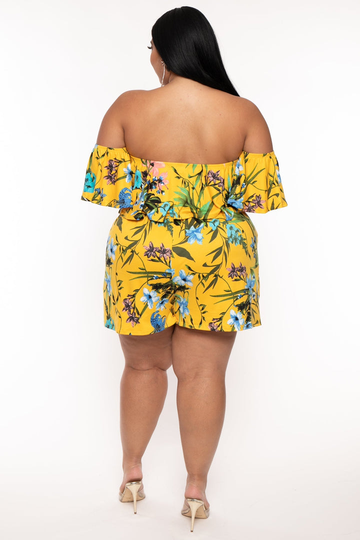 Curvy Sense Jumpsuits and Rompers Plus Size Afina Floral Romper - Yellow