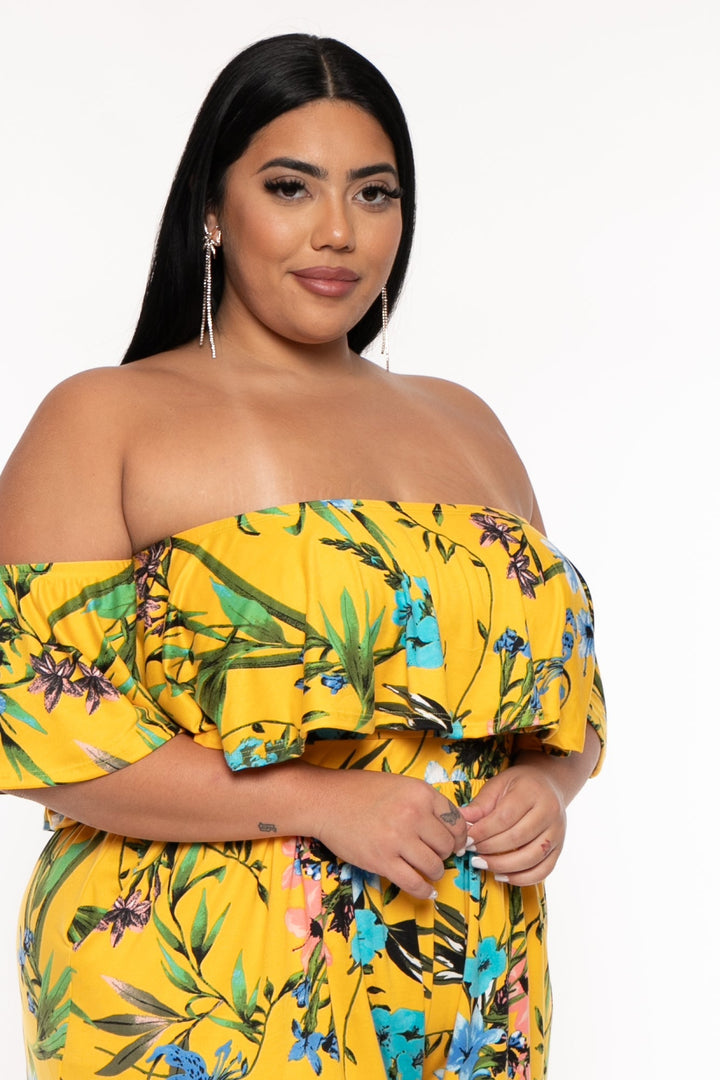 Curvy Sense Jumpsuits and Rompers Plus Size Afina Floral Romper - Yellow