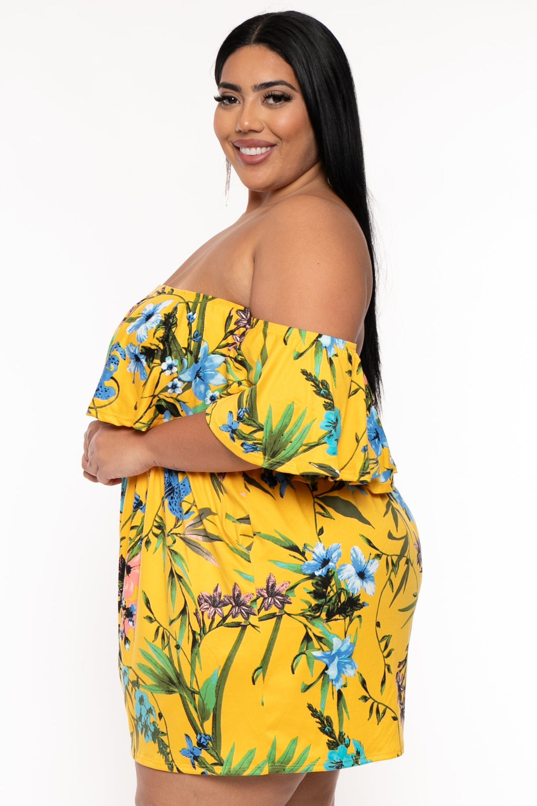 Curvy Sense Jumpsuits and Rompers Plus Size Afina Floral Romper - Yellow