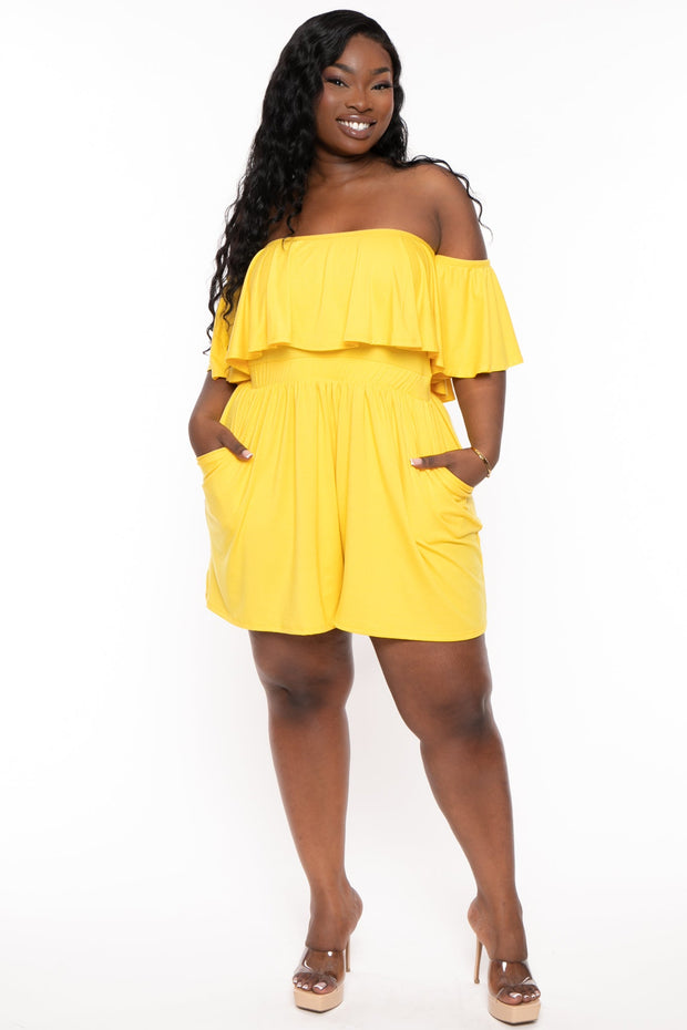 Curvy Sense Jumpsuits and Rompers 1X / Yellow Plus Size Afina Off The Shoulder Romper - Yellow