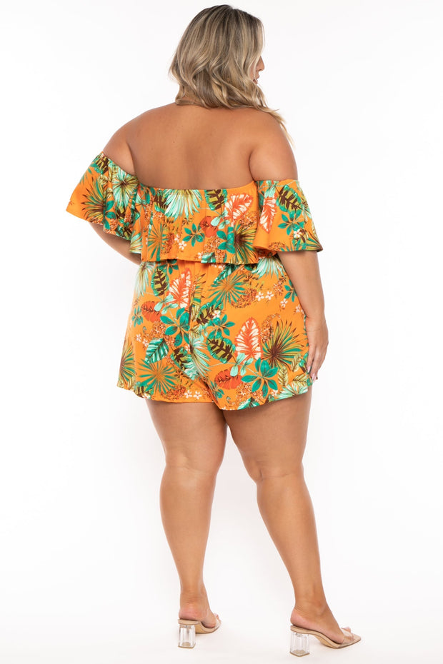 Curvy Sense Jumpsuits and Rompers Plus Size Afina Tropical Print Romper - Orange