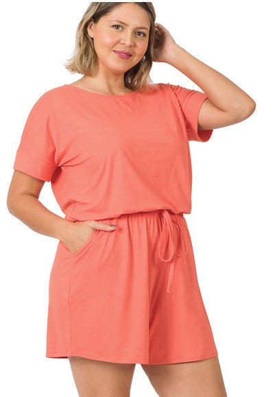 Zenana Jumpsuits and Rompers 1X / Coral Plus Size Badey Short cuffed sleeve Romper- Coral