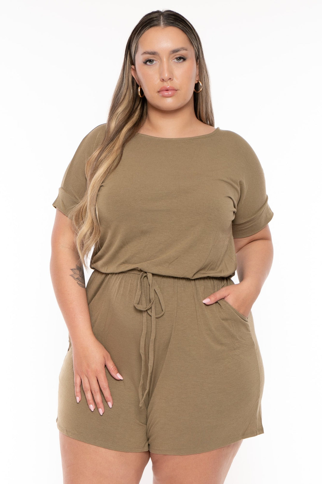 Zenana Jumpsuits and Rompers Plus Size Badey Short cuffed sleeve Romper- Khaki