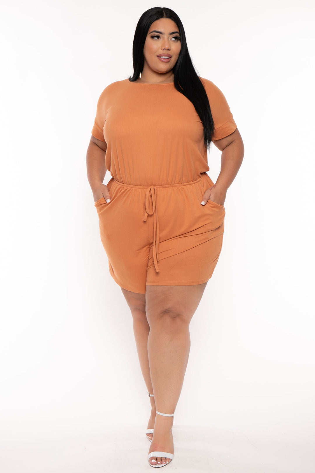 Zenana Jumpsuits and Rompers Plus Size Badey Short cuffed sleeve Romper- Tangerine