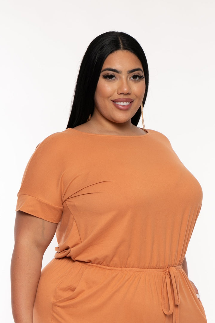 Zenana Jumpsuits and Rompers Plus Size Badey Short cuffed sleeve Romper- Tangerine