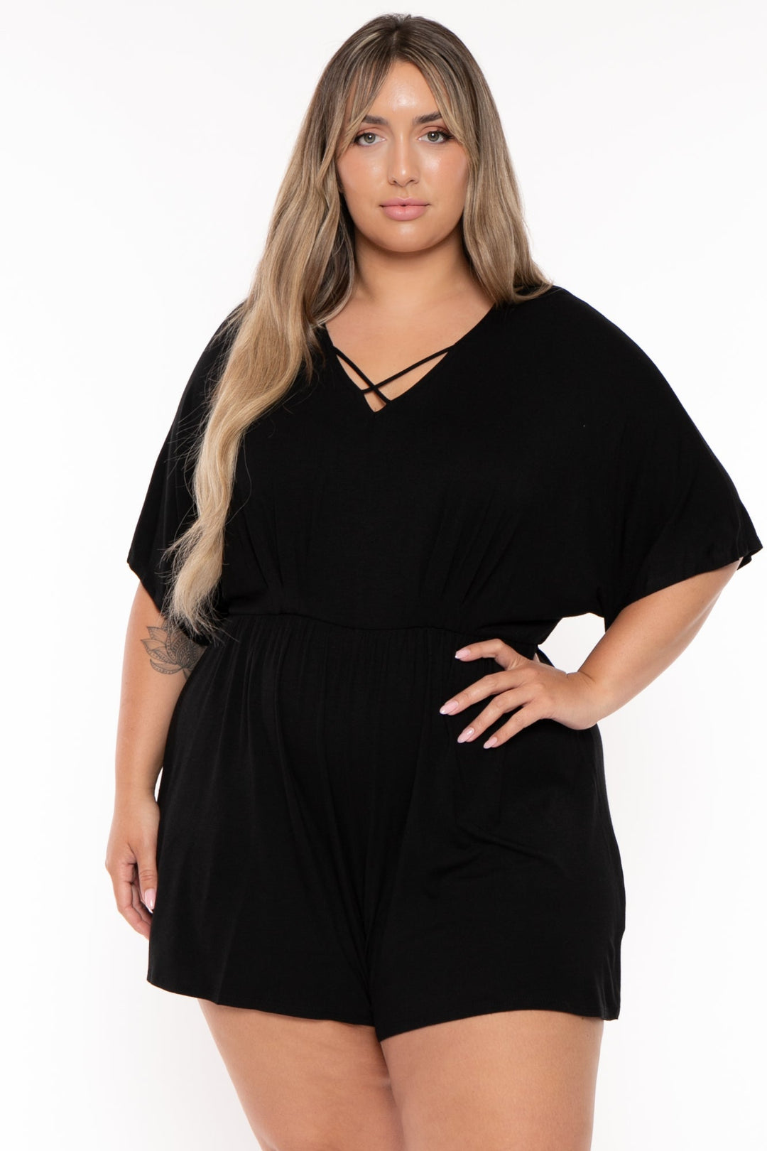 Emerald Jumpsuits and Rompers Plus Size Basic Criss Cross Straps  Romper - Black