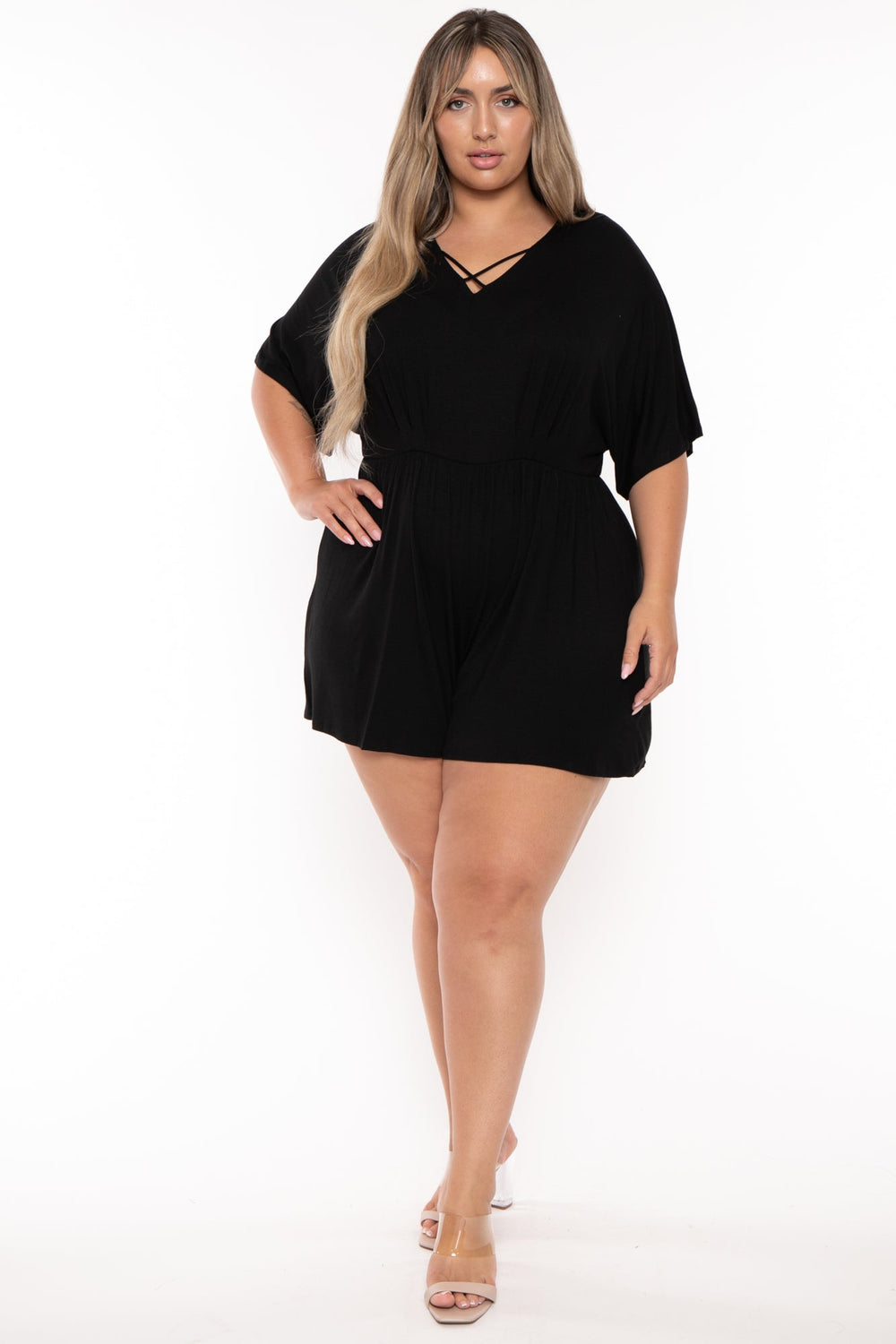 Emerald Jumpsuits and Rompers Plus Size Basic Criss Cross Straps  Romper - Black