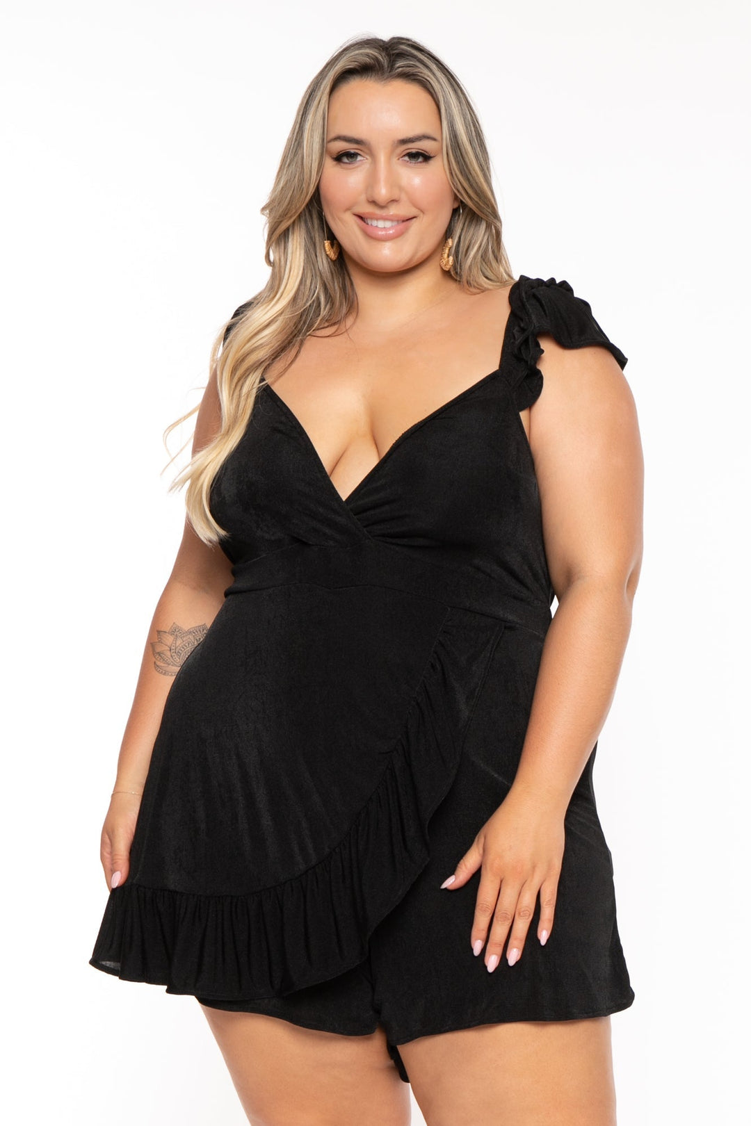 Curvy Sense Jumpsuits and Rompers Plus Size Bess Ruffle Slinky Romper -Black