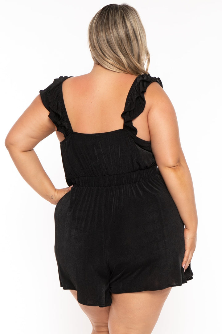 Curvy Sense Jumpsuits and Rompers Plus Size Bess Ruffle Slinky Romper -Black