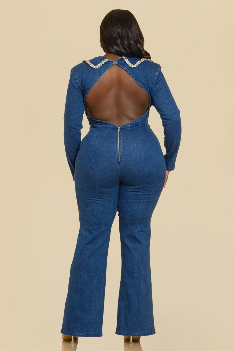 THE SANG COMPANY Jumpsuits and Rompers Plus Size Bossy Collar Stretch Denim Jumpsuit-Denim