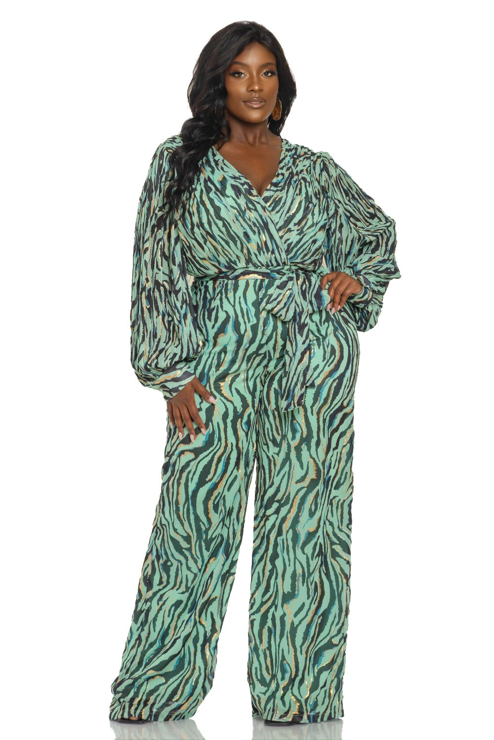 THE SANG COMPANY Jumpsuits and Rompers Plus Size Bougie Zebra Print Long Sleeve Jumpsuit- Sage