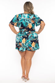 Curvy Sense Jumpsuits and Rompers Plus Size Brianna Surplice Printed Romper -Navy