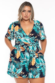Curvy Sense Jumpsuits and Rompers 1X / Navy Plus Size Brianna Surplice Printed Romper -Navy