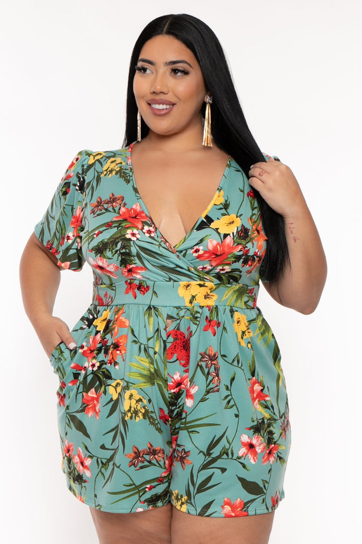 Curvy Sense Jumpsuits and Rompers Plus Size Brianna Surplice Printed Romper -Seafoam