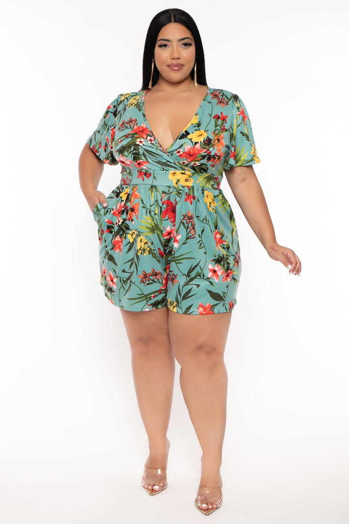 Curvy Sense Jumpsuits and Rompers Plus Size Brianna Surplice Printed Romper -Seafoam