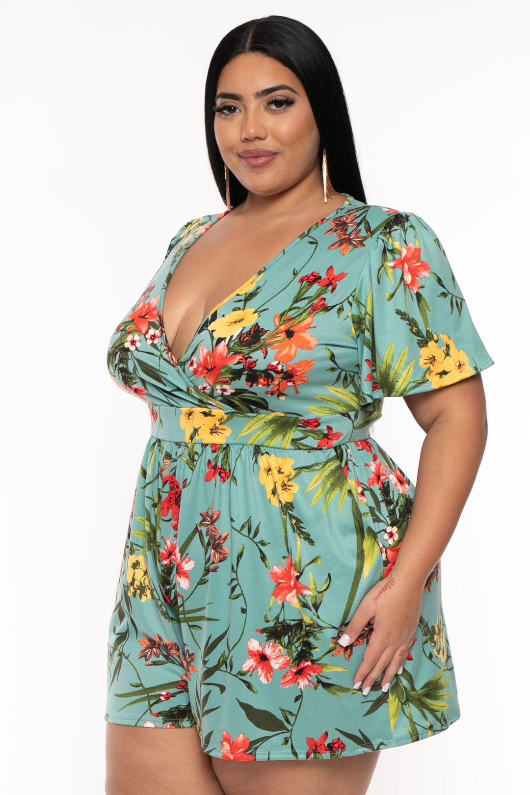 Curvy Sense Jumpsuits and Rompers Plus Size Brianna Surplice Printed Romper -Seafoam