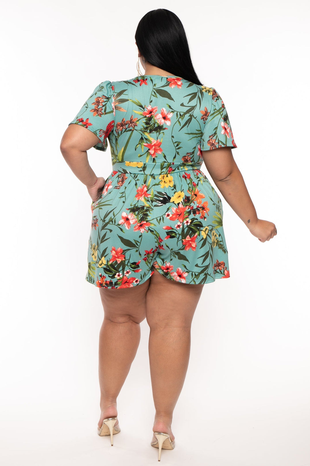 Curvy Sense Jumpsuits and Rompers Plus Size Brianna Surplice Printed Romper -Seafoam