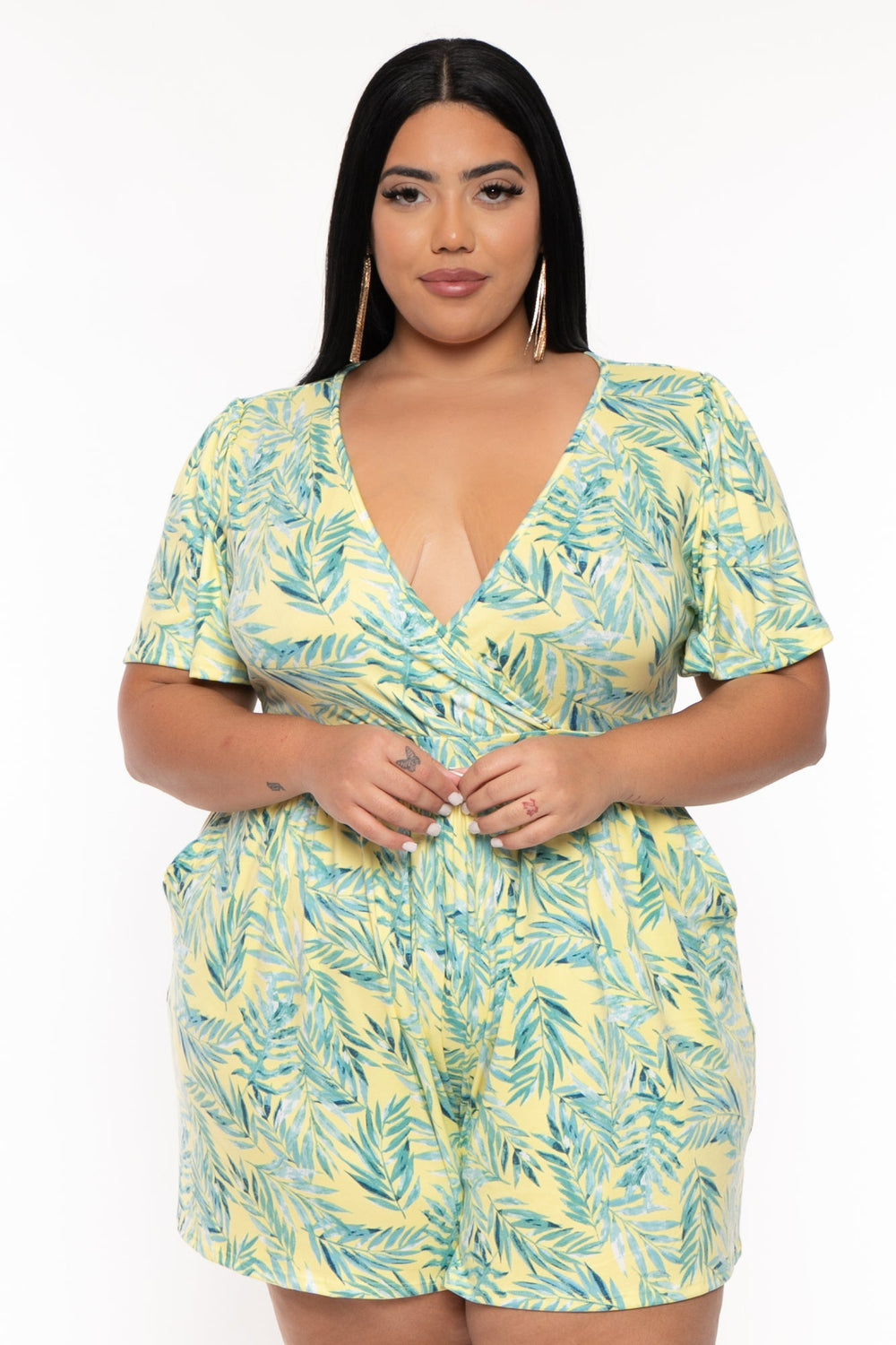 Curvy Sense Jumpsuits and Rompers Plus Size Brianna Surplice Printed Romper -Yellow
