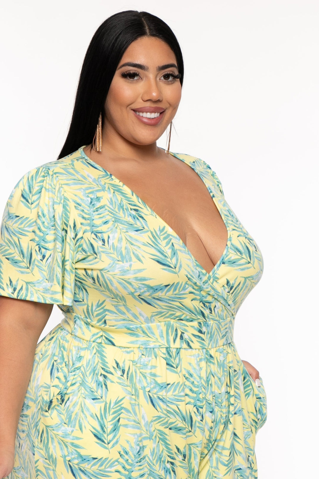 Curvy Sense Jumpsuits and Rompers Plus Size Brianna Surplice Printed Romper -Yellow