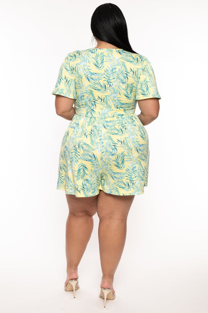 Curvy Sense Jumpsuits and Rompers Plus Size Brianna Surplice Printed Romper -Yellow