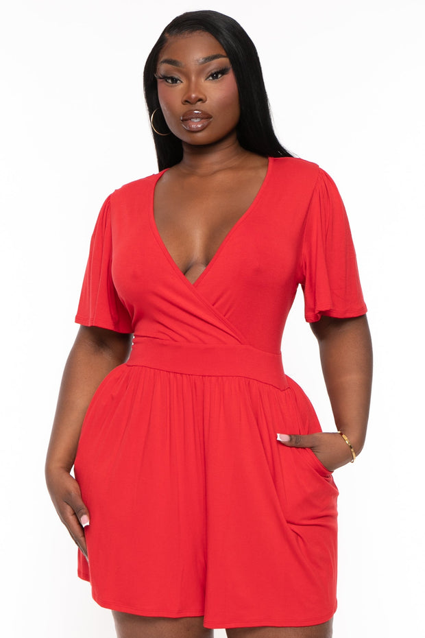 Curvy Sense Jumpsuits and Rompers Plus Size Brianna Surplice Romper - Red