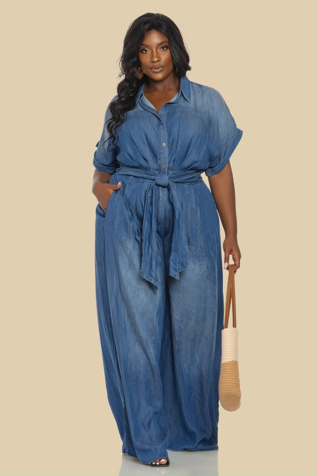 THE SANG COMPANY Jumpsuits and Rompers Plus Size Button down Belted Jumpsuit- Denim
