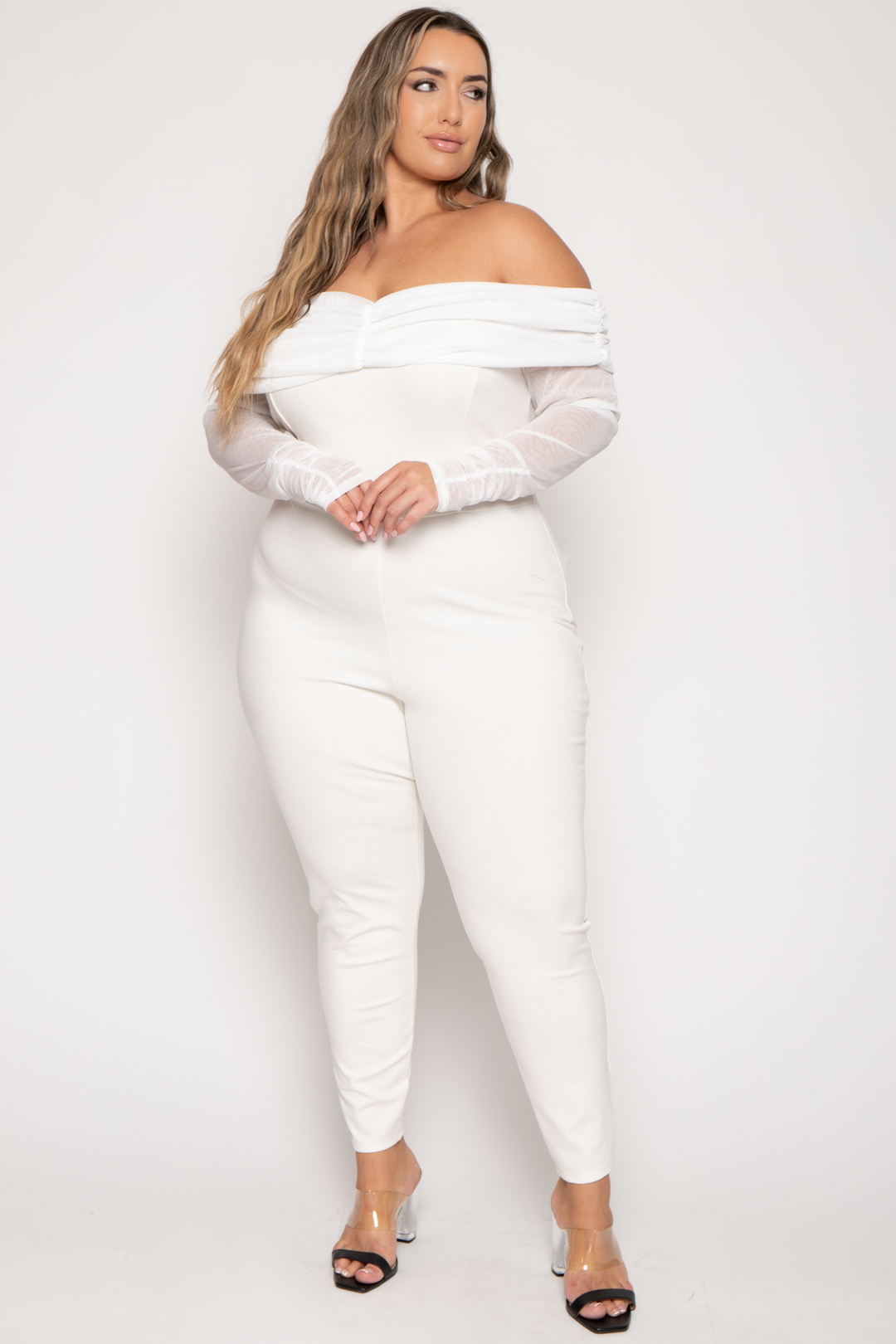 Curvy Sense Jumpsuits and Rompers Plus Size Carleen Ruched Mesh  Jumpsuit  - Ivory