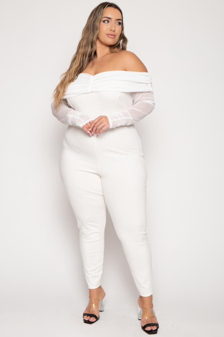 Curvy Sense Jumpsuits and Rompers Plus Size Carleen Ruched Mesh  Jumpsuit  - Ivory