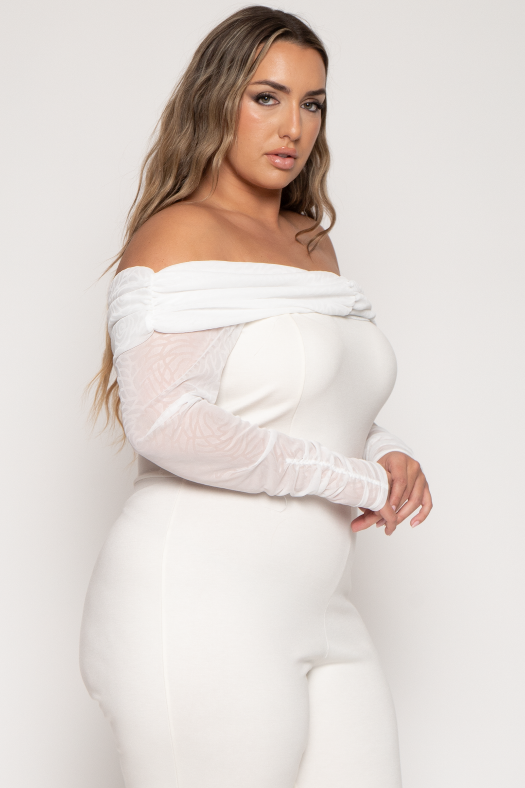 Curvy Sense Jumpsuits and Rompers Plus Size Carleen Ruched Mesh  Jumpsuit  - Ivory