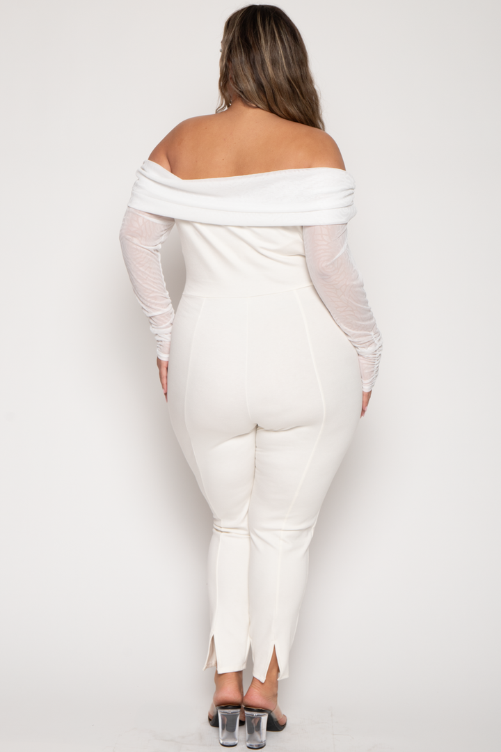 Curvy Sense Jumpsuits and Rompers Plus Size Carleen Ruched Mesh  Jumpsuit  - Ivory