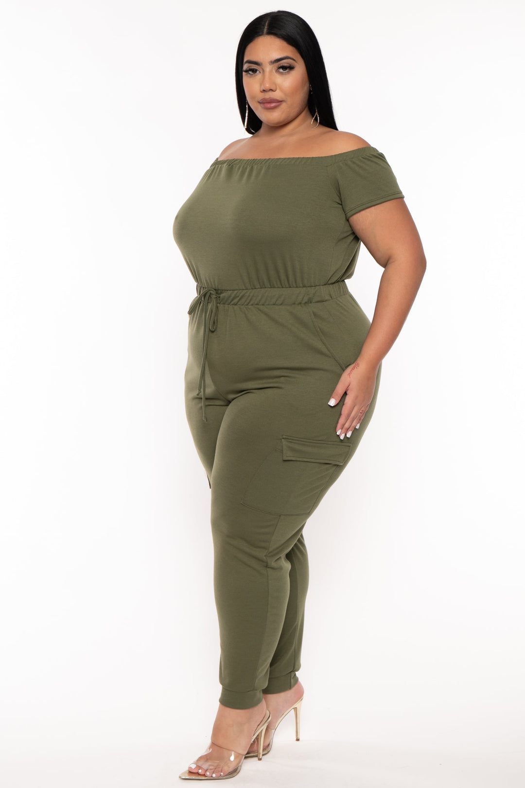 Curvy Sense Jumpsuits and Rompers Plus Size Cerene Cargo Jumpsuit - Olive