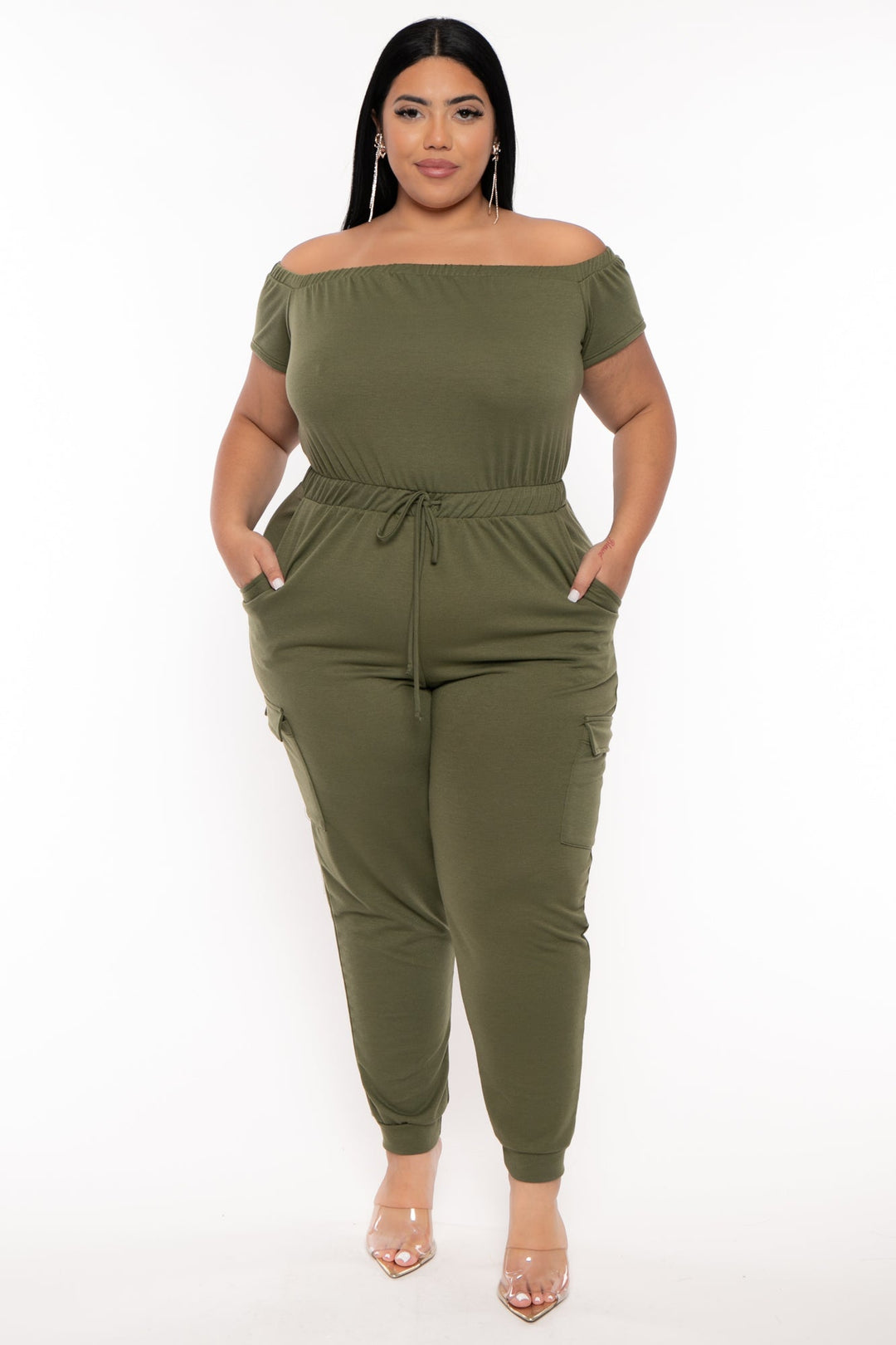 Curvy Sense Jumpsuits and Rompers Plus Size Cerene Cargo Jumpsuit - Olive