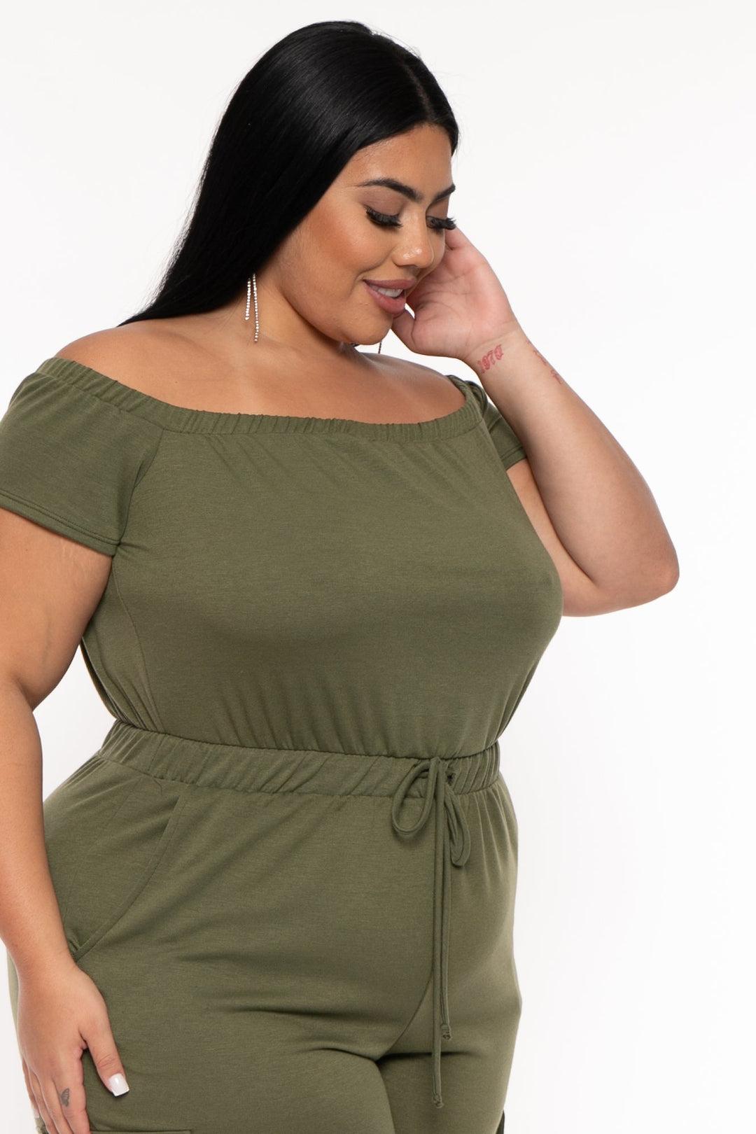 Curvy Sense Jumpsuits and Rompers Plus Size Cerene Cargo Jumpsuit - Olive