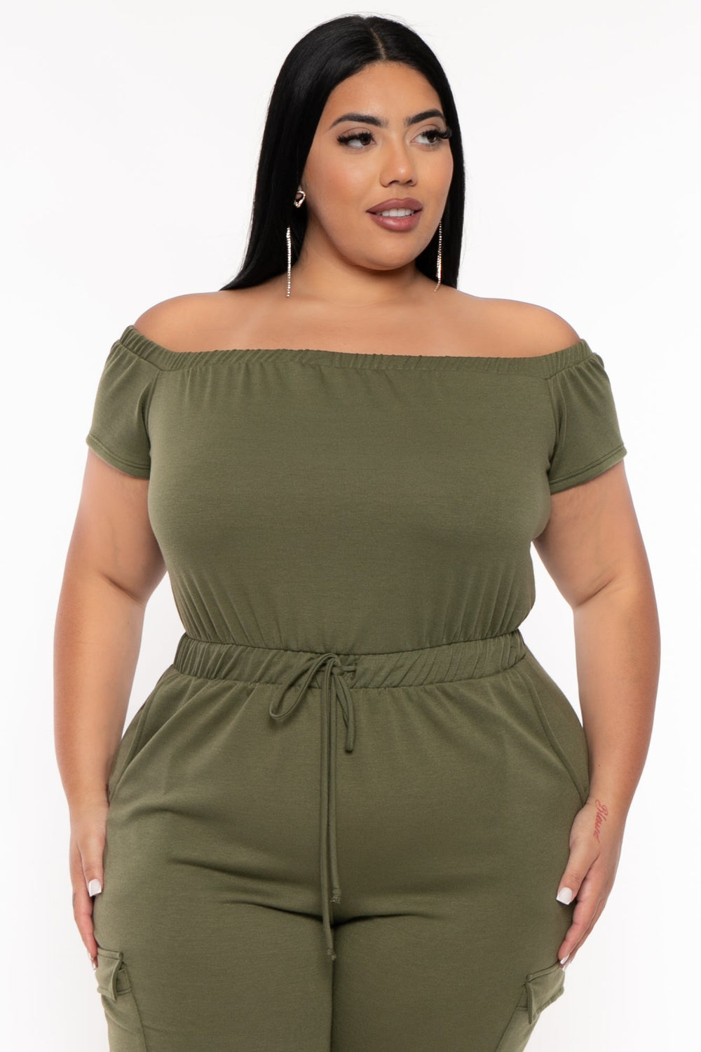 Curvy Sense Jumpsuits and Rompers Plus Size Cerene Cargo Jumpsuit - Olive