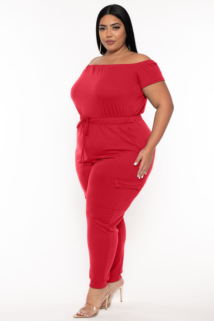 Curvy Sense Jumpsuits and Rompers Plus Size Cerene Cargo Jumpsuit - Red