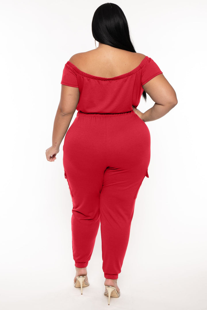 Curvy Sense Jumpsuits and Rompers Plus Size Cerene Cargo Jumpsuit - Red