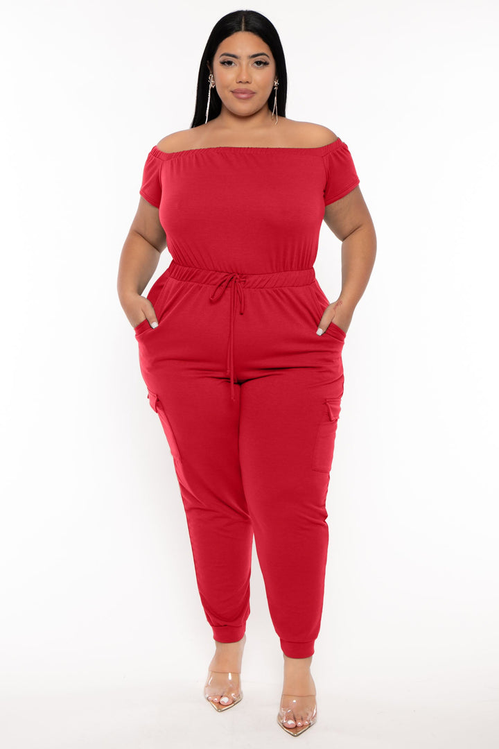 Curvy Sense Jumpsuits and Rompers Plus Size Cerene Cargo Jumpsuit - Red