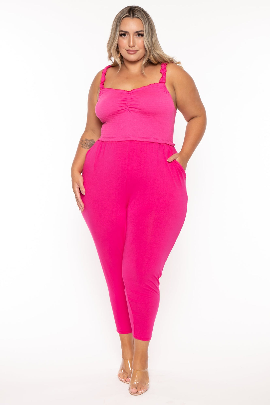 Curvy Sense Jumpsuits and Rompers 1X / Fuchsia Plus Size Chelly Smocked  Jumpsuit - Fuchsia