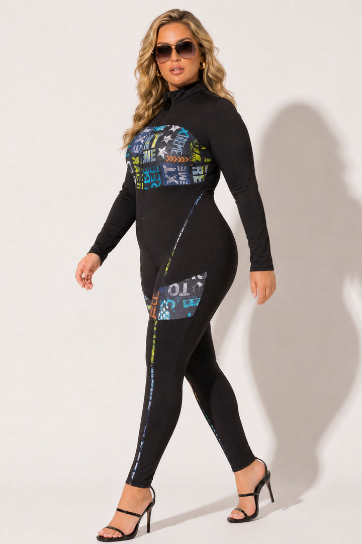K TOO Jumpsuits and Rompers Plus Size City Rush Graphic Jumpsuit - Black