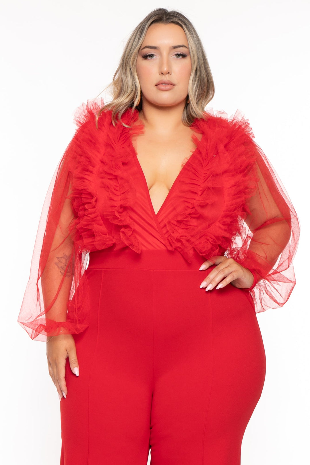 Goodtime USA Jumpsuits and Rompers Plus Size Devotion Lace Ruffle  Jumpsuit - Red