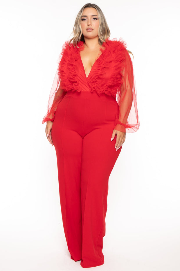 Goodtime USA Jumpsuits and Rompers 1X / Red Plus Size Devotion Lace Ruffle  Jumpsuit - Red