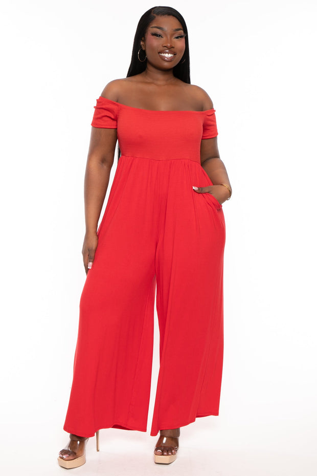 Curvy Sense Jumpsuits and Rompers 1X / Red Plus Size Eileen Off The Shoulder  Jumpsuit - Red