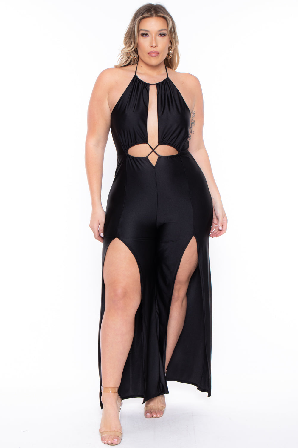 Curvy Sense Jumpsuits and Rompers 1X / Black Plus Size Elissa M-Slit Jumpsuit- Black